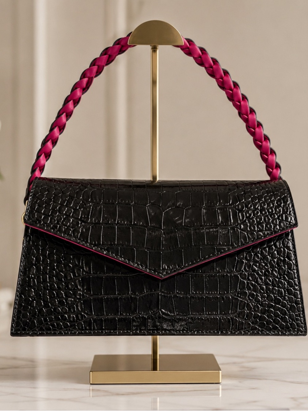 Anima Iris - Leather Black Croc-Embossed Envelope Clutch and Shoulder Bag